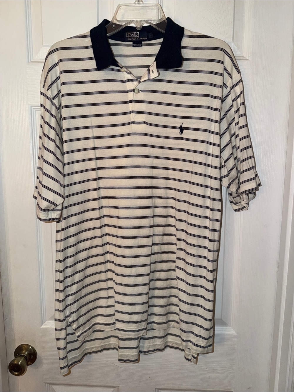 Men’s Ralph Lauren Chaps Polo shirt, size Large, Cream with navy stripes & logo